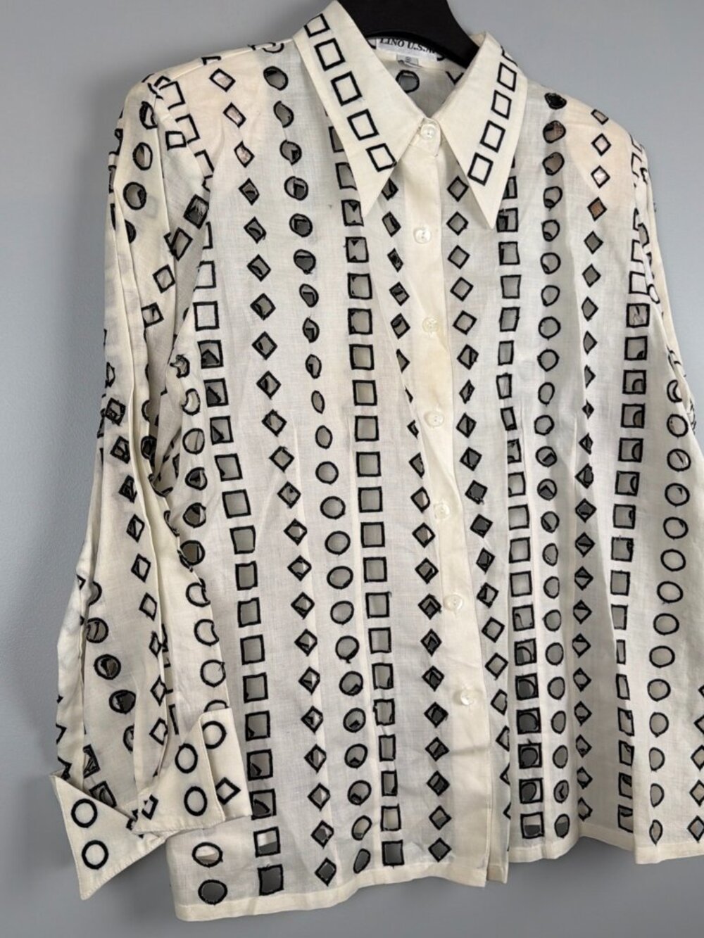 Vintage 100% Linen Shirt Womens 1X White Black Cut Out Lagenlook Dagger Art Lino